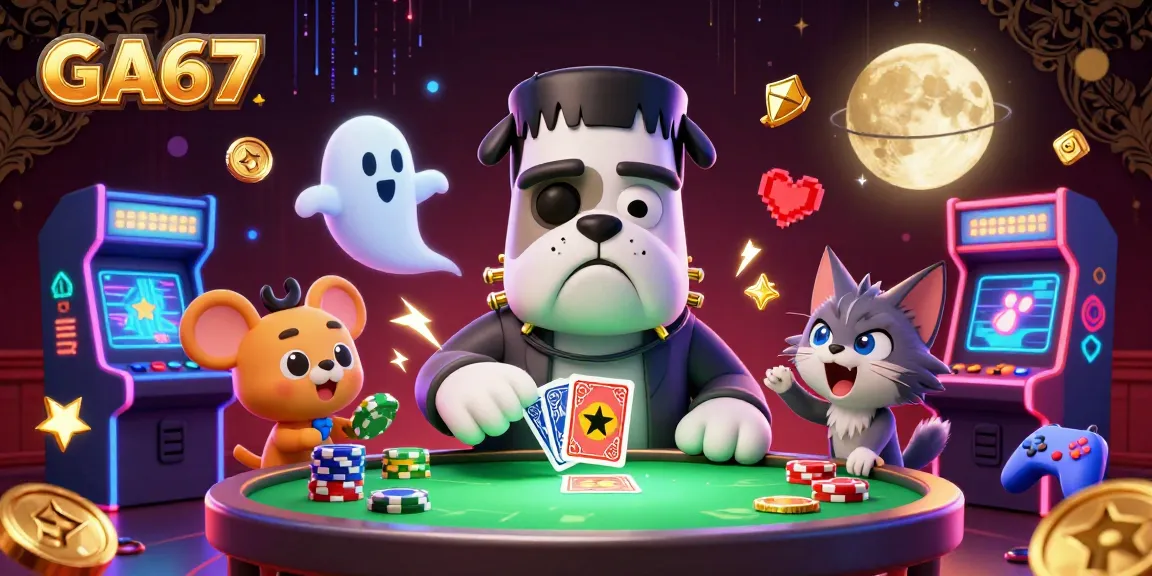 Experience intense action at GA67 with a 3D illustration of a bulldog dealer, gaming elements, and mystical creatures.