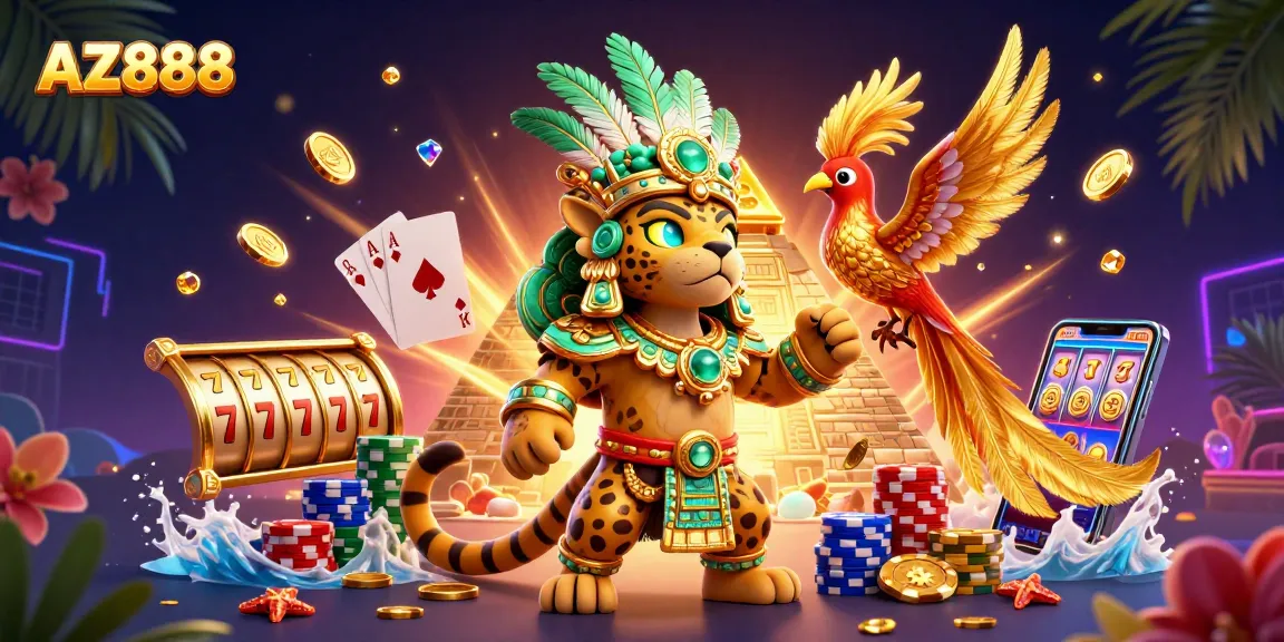 Spin the reels and win with AZ888 while surrounded by vibrant casino elements and tropical visuals.