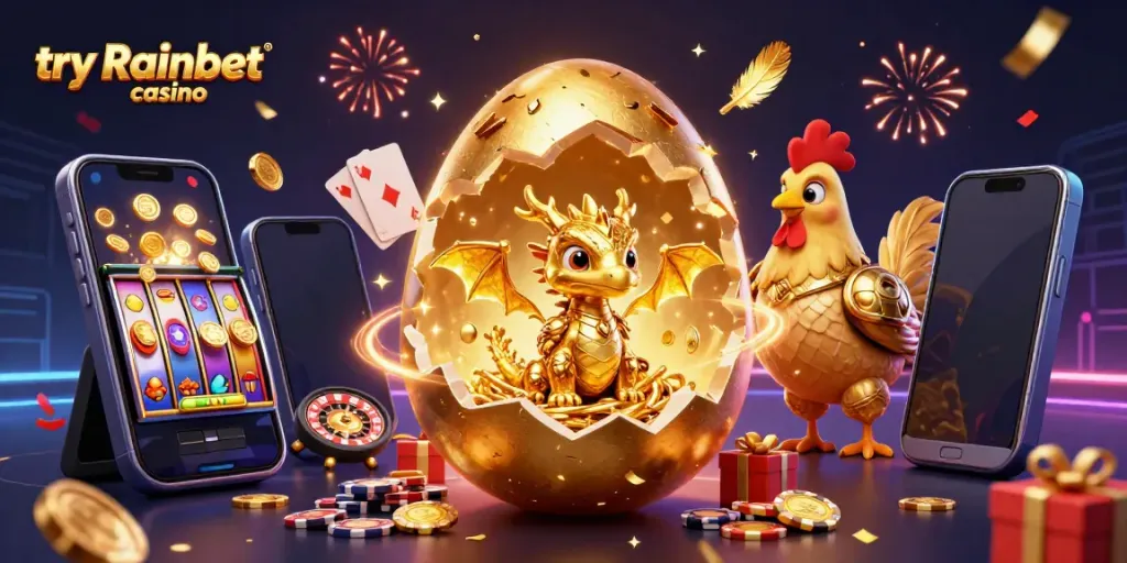 Engage in the excitement with try Rainbet casino's vibrant 3D scene featuring captivating gaming elements.