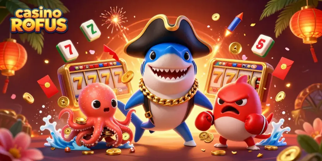 Experience thrilling gaming action in a vibrant casino uden ROFUS scene with playful characters and dynamic slot reels.