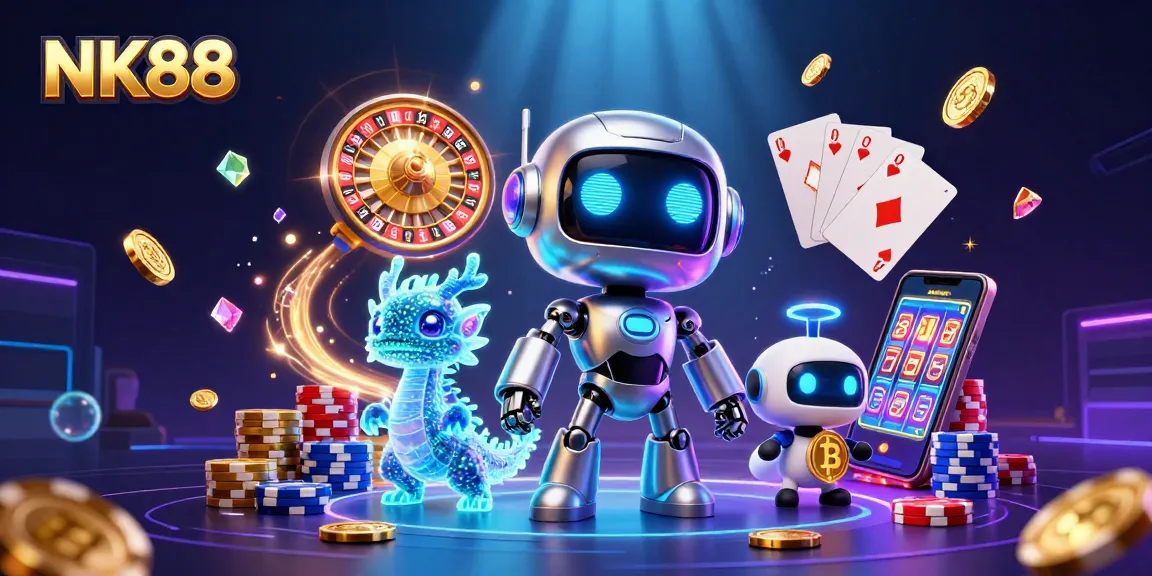 Play and win at NK88 with a vibrant 3D casino scene featuring dynamic characters and exciting games.