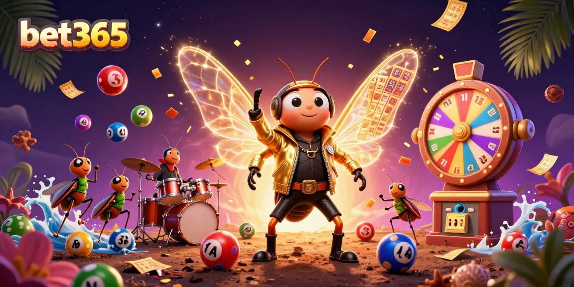 Bet365's vibrant world of gaming comes alive with a cartoon rock star and dynamic lottery visuals.