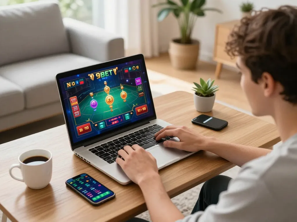 Playing a strategic 9BET game on a laptop in a cozy home environment