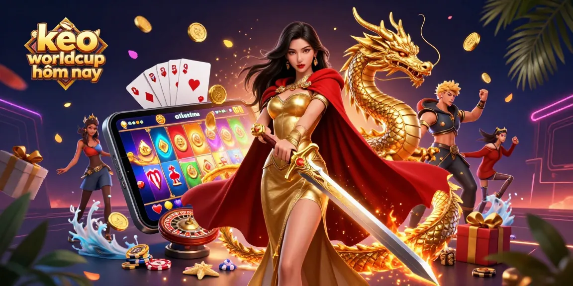Place your bets with kèo worldcup hôm nay, showcasing a vibrant scene of an Asian warrior queen amidst casino elements.