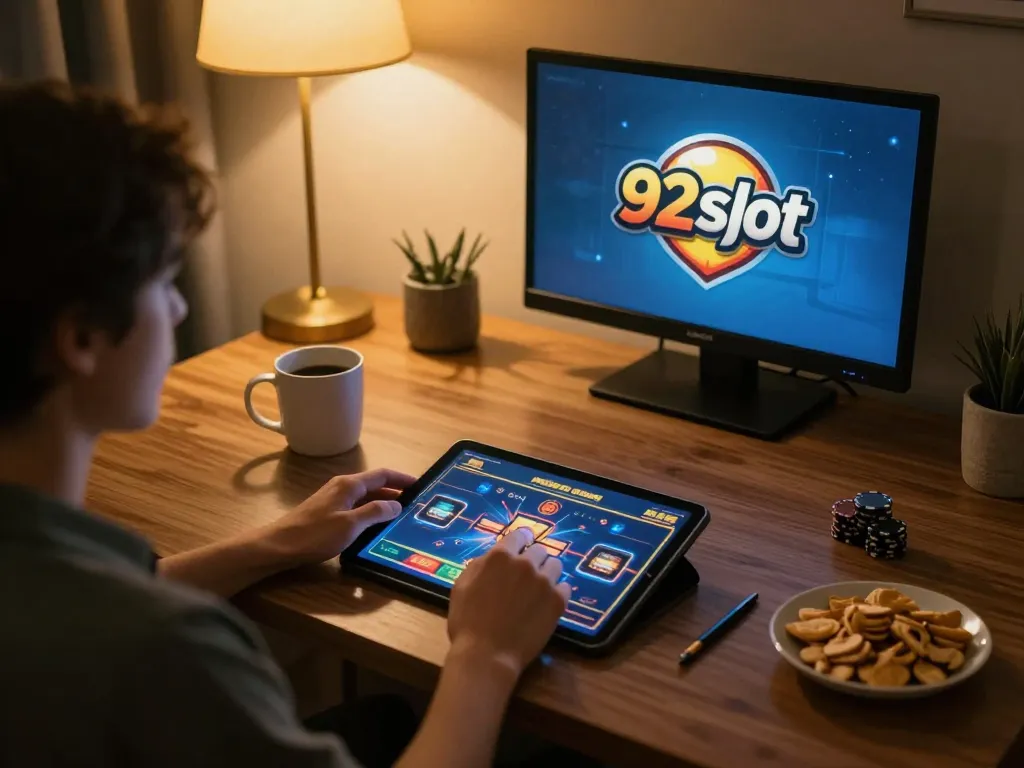 Player enjoying a mobile game on 92slot in a cozy home environment, highlighting strategic online gaming