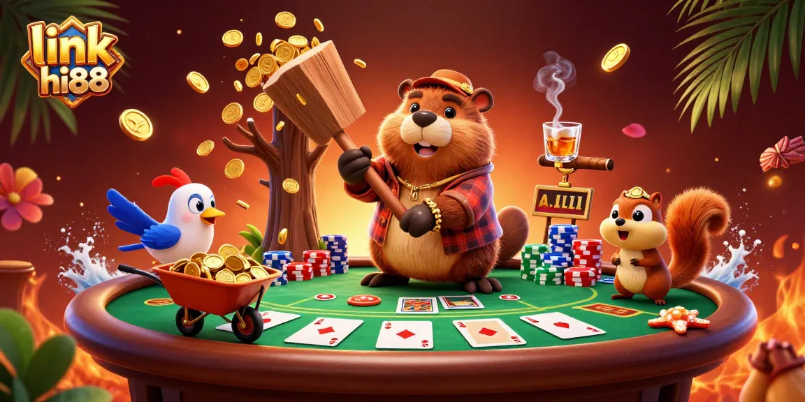 Experience winnings at link hi88 with a lively 3D illustration featuring casino elements and colorful characters.