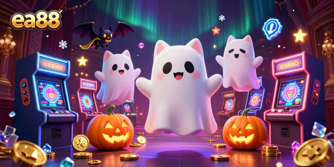 Experience the excitement of ea88 with a ghostly cat and vampire bat in a vibrant casino scene.