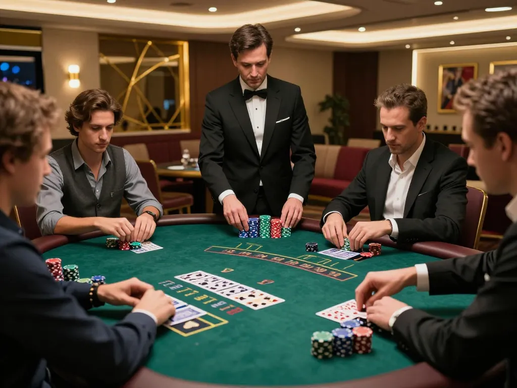 Engaged players at 566 blackjack tables strategizing their bets in a vibrant casino atmosphere.