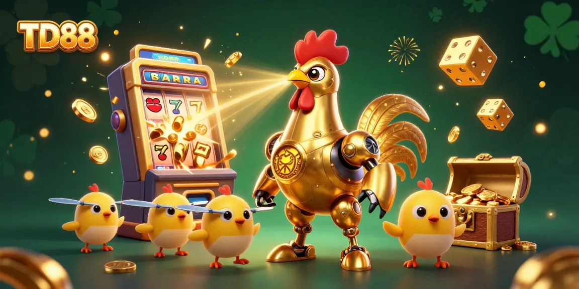 Engage with TD88's exciting casino experience featuring a golden rooster robot and interactive games.