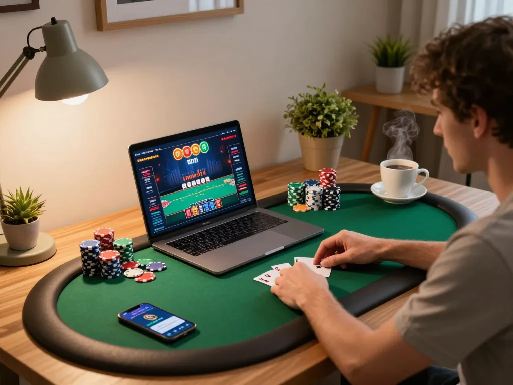 Engaging in online poker at home with G28, showcasing strategy and relaxation in a cozy environment