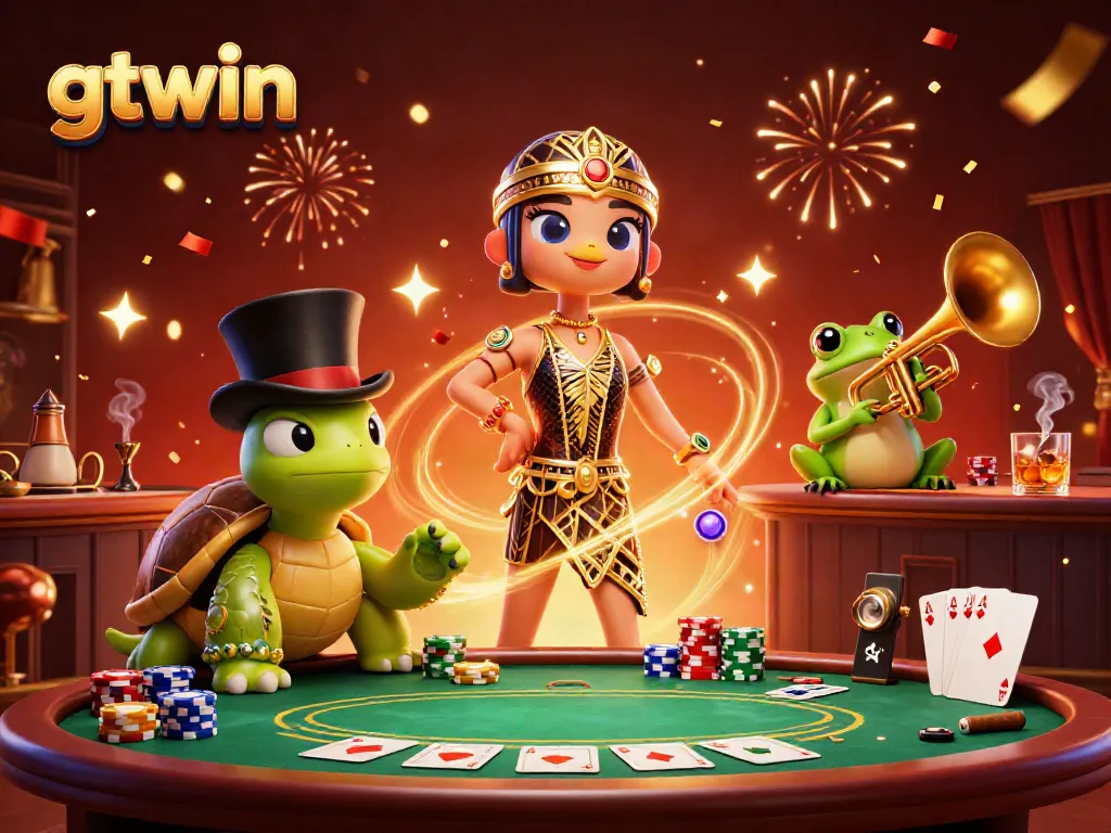 gtwin illustration featuring a lively casino scene with animated characters and poker tables.