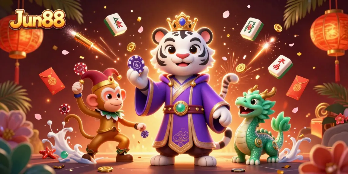 Experience exhilarating gameplay at Jun88 with vibrant artwork showcasing a tiger and monkey in a casino setting.