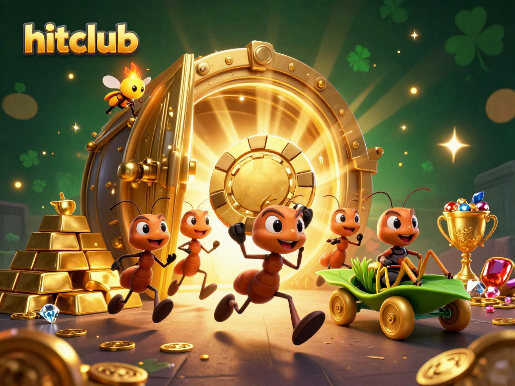 Join hitclub's thrilling heist as cartoon ants transport a giant poker chip amidst treasures.
