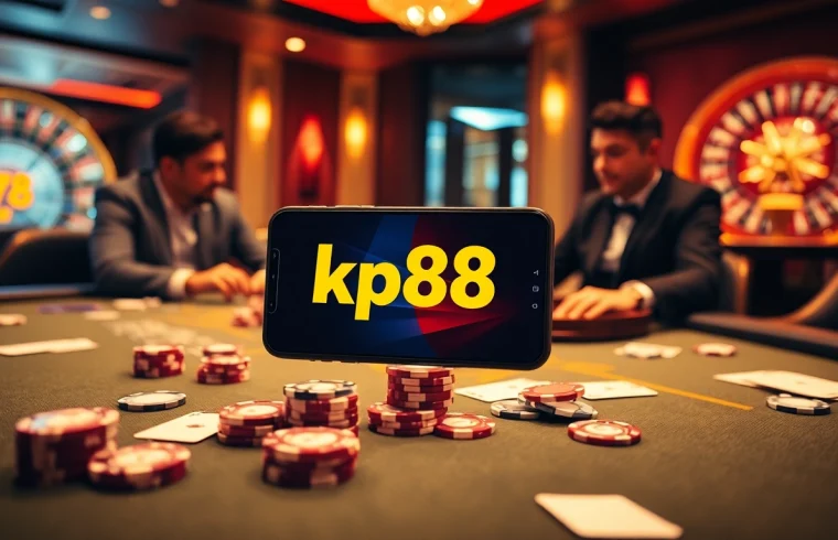 Engaging players enjoying the kp88 app at a vibrant casino table with poker chips and cards.