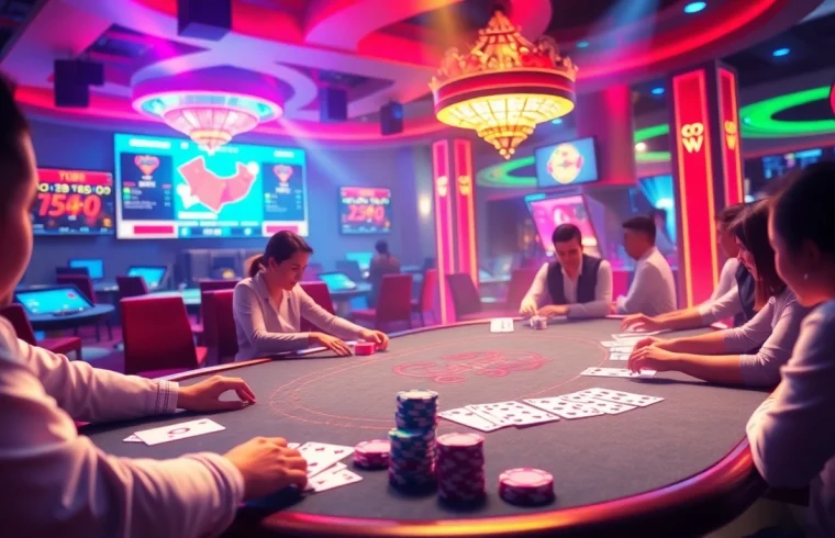 Vibrant scene showcasing players immersed in game bài đổi thưởng, highlighting excitement and 3D gaming interfaces.
