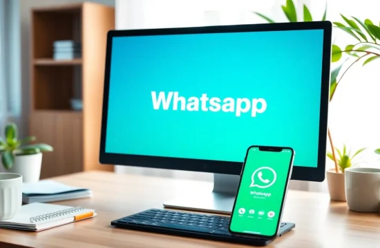 WhatsApp网页版 on a computer screen in a modern workspace, showcasing seamless connectivity and communication.