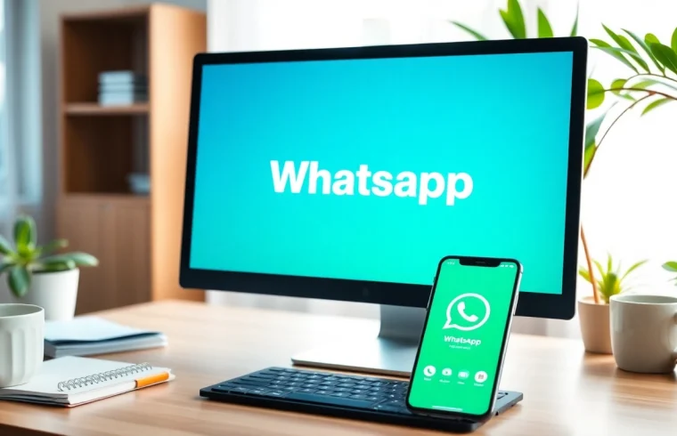 WhatsApp网页版 on a computer screen in a modern workspace, showcasing seamless connectivity and communication.