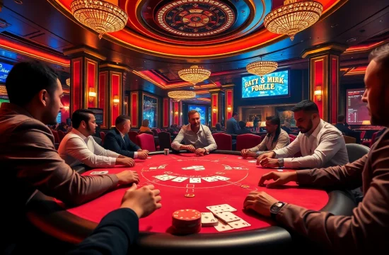 B52 Club features an engaging poker scene with players and vibrant casino decor, highlighting the thrill of gambling.