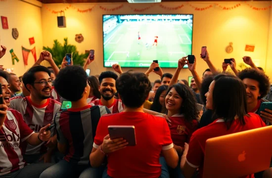 Xoilac TV viewers enjoying a live football match together with devices and excitement.