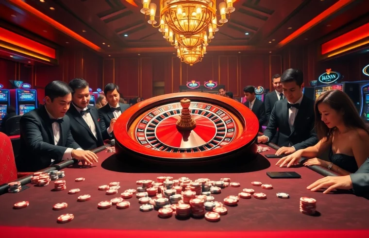 Players enjoying strategic games at nhà cái lode88, featuring a roulette wheel and poker chips.