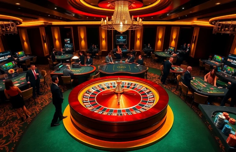 Betting at nhà cái red88 with colorful chips, a roulette wheel, and excited gamblers.