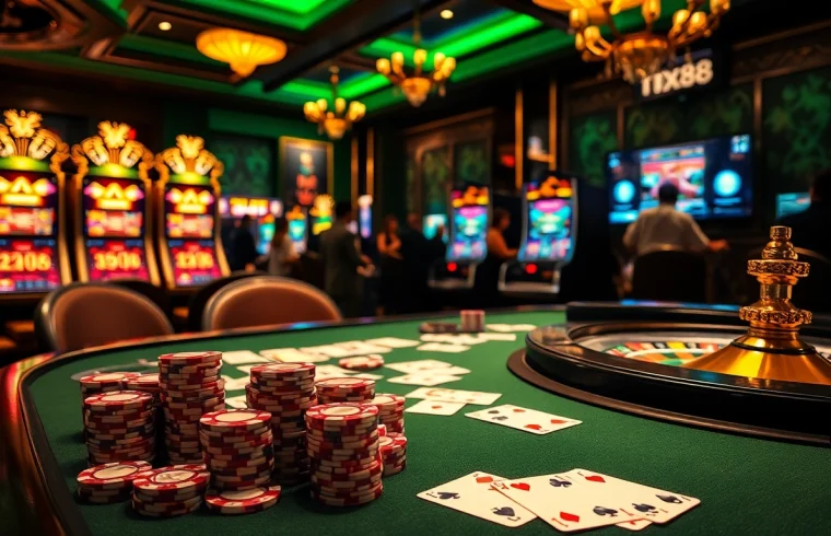Experience high-stakes gaming at nhà cái tx88 with luxurious casino tables and vibrant slot machines.