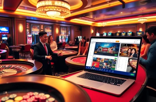 Engaging casino scene with betting excitement at https://nhacaiuytinvn.us.com/, showcasing roulette and poker tables.