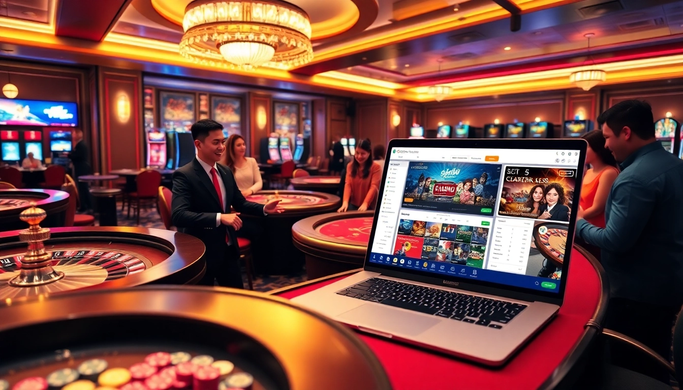 Engaging casino scene with betting excitement at https://nhacaiuytinvn.us.com/, showcasing roulette and poker tables.