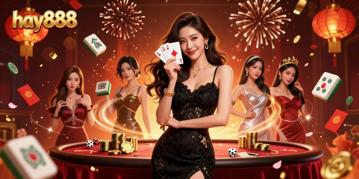 Experience the thrilling world of hay888 with a stunning Asian woman in a luxurious casino setting, holding aces.