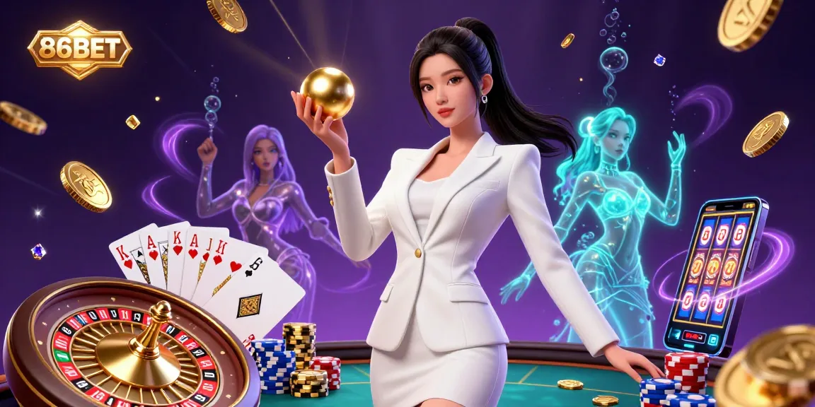 Experience thrilling casino excitement with 86BET, featuring a powerful Asian woman in a luxury casino setting surrounded by dynamic gaming elements.