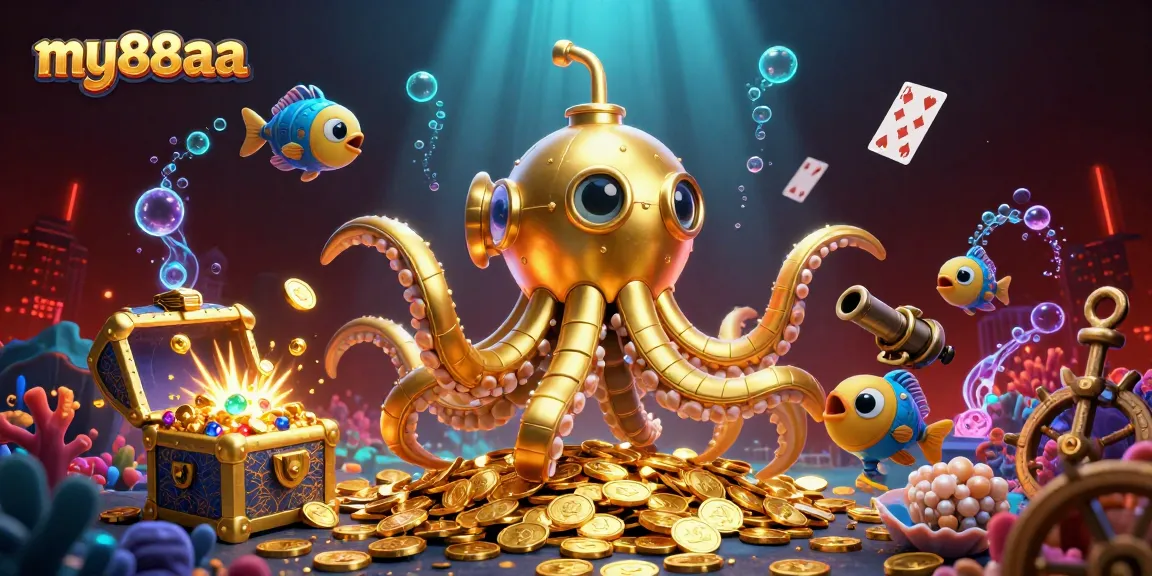 Experience thrilling gameplay with my88aa, featuring a golden kraken submarine amid underwater treasures and vibrant casino elements.
