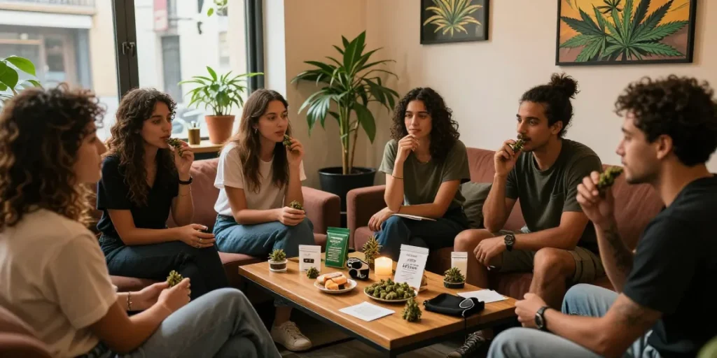 Vänner njuter av cannabis i en social klubb i Barcelona från https://sv.cannabisbcn.com/ med avslappnad atmosfär och goda produkter.