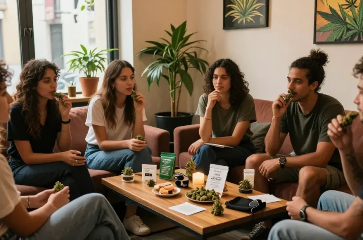 Vänner njuter av cannabis i en social klubb i Barcelona från https://sv.cannabisbcn.com/ med avslappnad atmosfär och goda produkter.