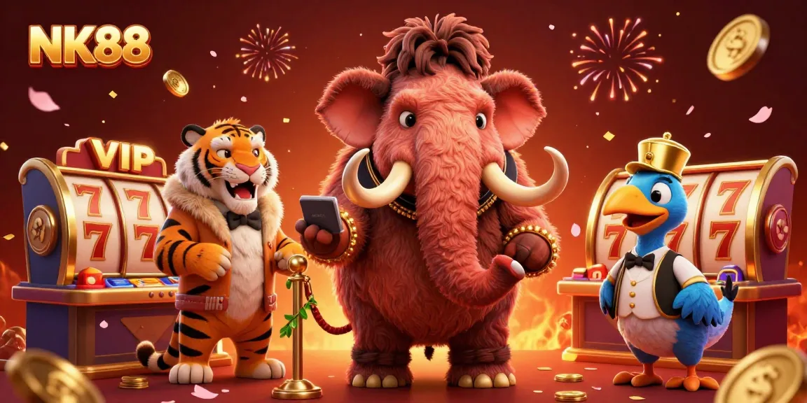 Engage with NK88 at a vibrant online casino scene featuring playful characters and dynamic game elements.