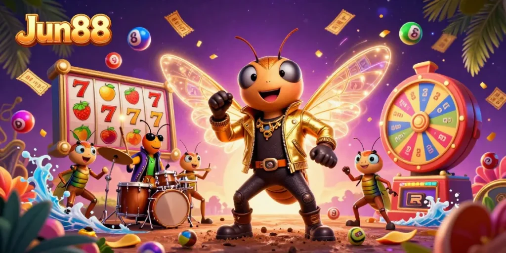Experience the thrill of Jun88 with dynamic lottery balls and vibrant casino elements in this engaging illustration.