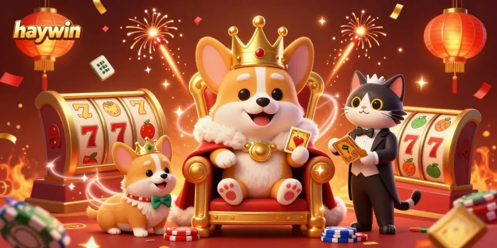 Experience the excitement of casino gaming with haywin as a royal corgi oversees the action.