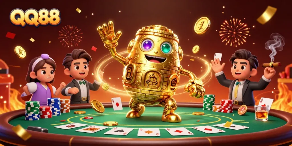 Experience thrilling gameplay at QQ88 with a vibrant 3D casino scene featuring golden golem and poker elements.