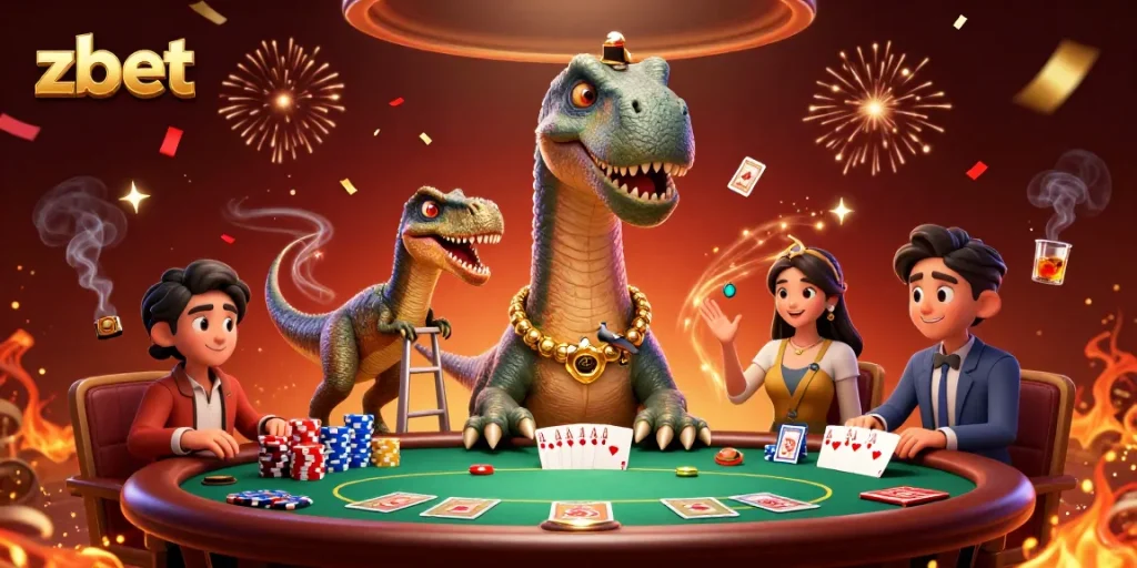 Zbet showcases a cartoon dinosaur at a lively poker scene, vibrant and engaging.