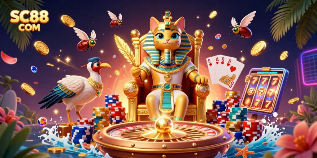 Experience luxurious gaming thrills with SC88 COM in this vibrant Egyptian-themed casino illustration.