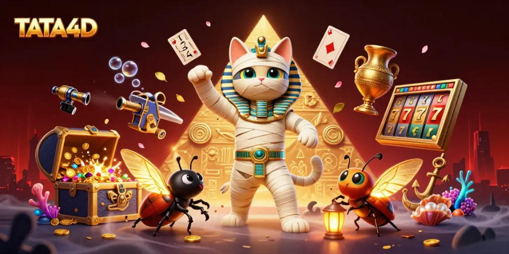 TATA4D showcases an Egyptian mummy cat in a vibrant casino scene with slot reels and gold treasures.